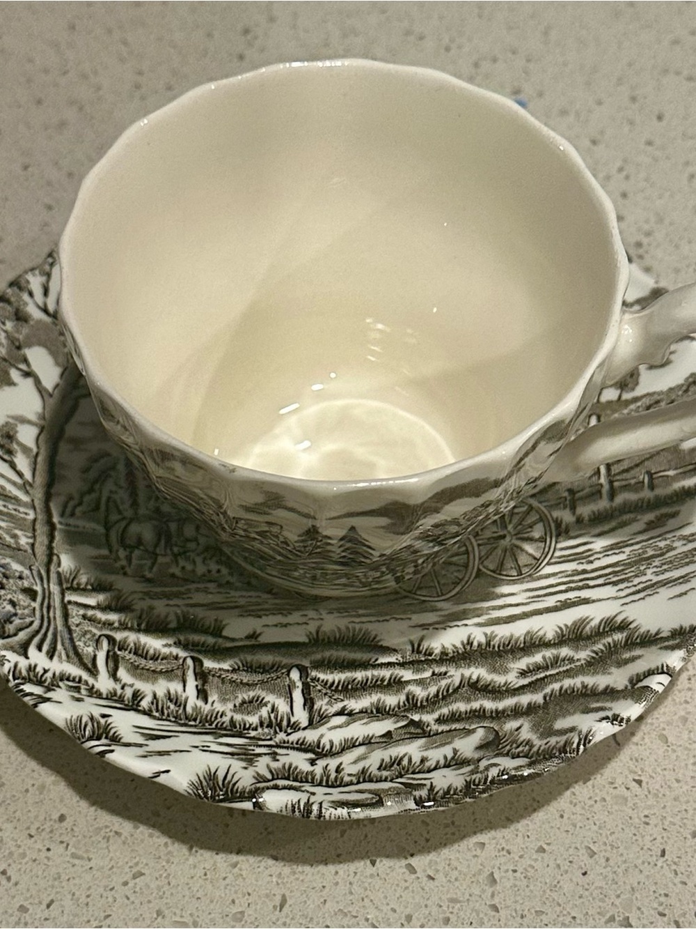 Brown and White Scenic Porcelain Teacup and Saucer